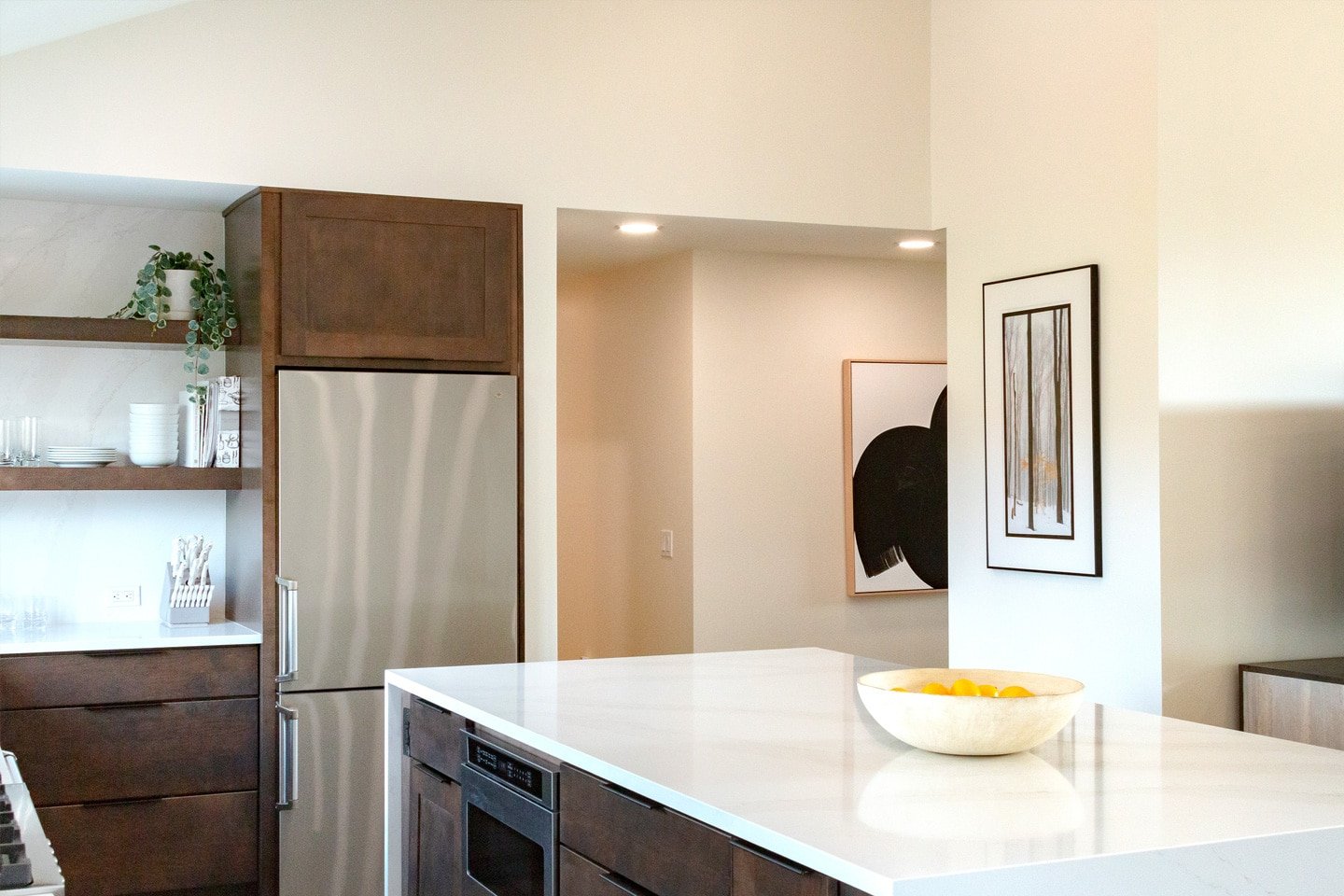 Modern kitchen interior with white countertops