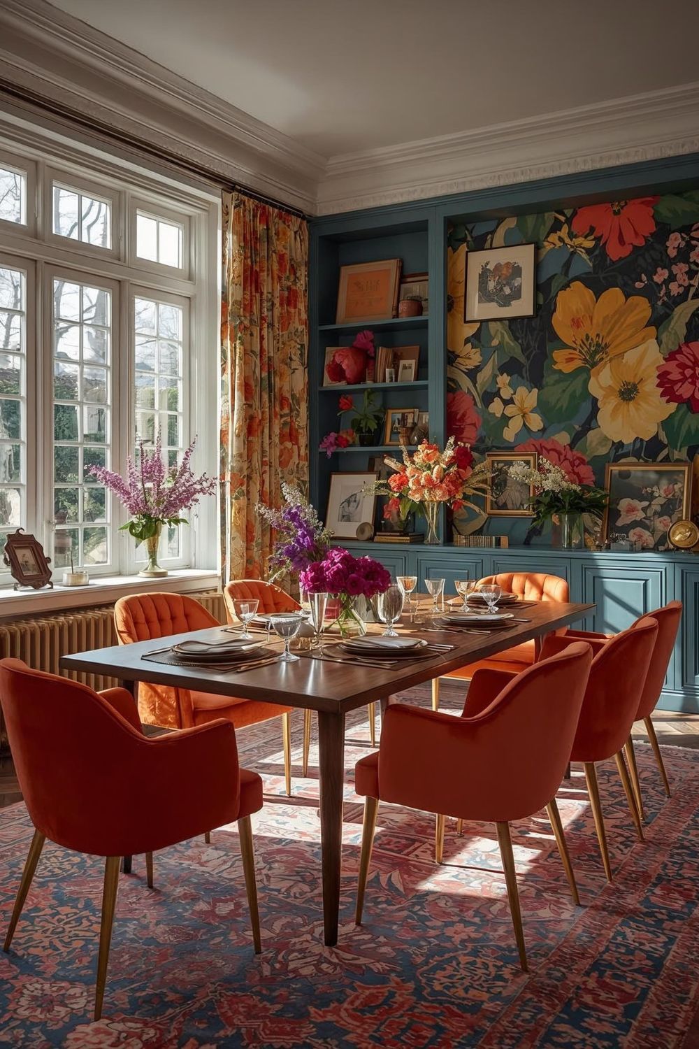 A dining room with a dark wood table and orange chairs. The room features floral wallpaper and a large window.