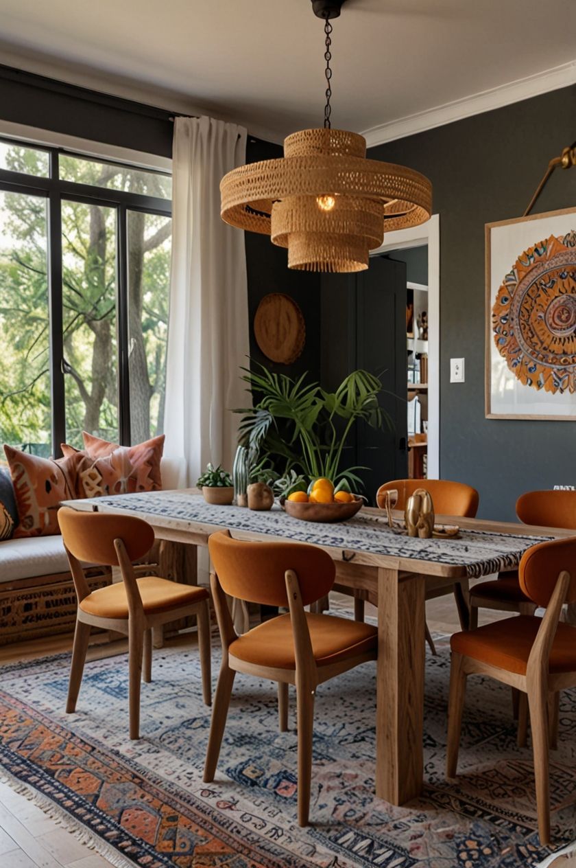 A dining room with a table and chairs. The table is set with a centerpiece and surrounded by wooden chairs.