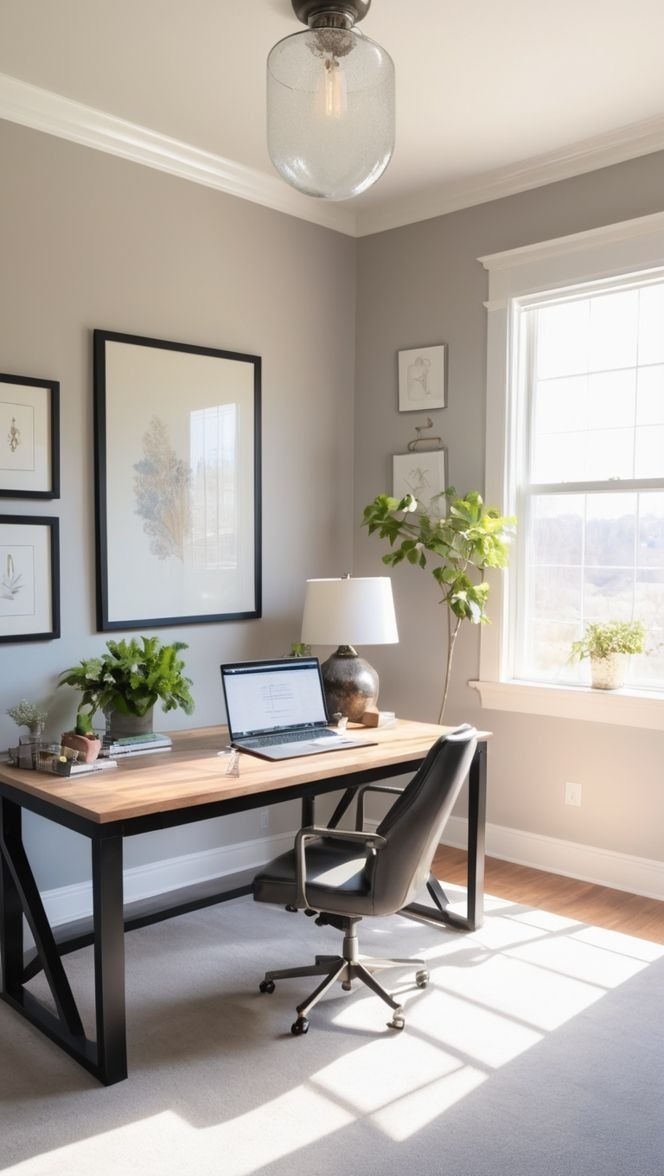 A modern home office with a desk, chair, and laptop. Plants and artwork adorn the space.