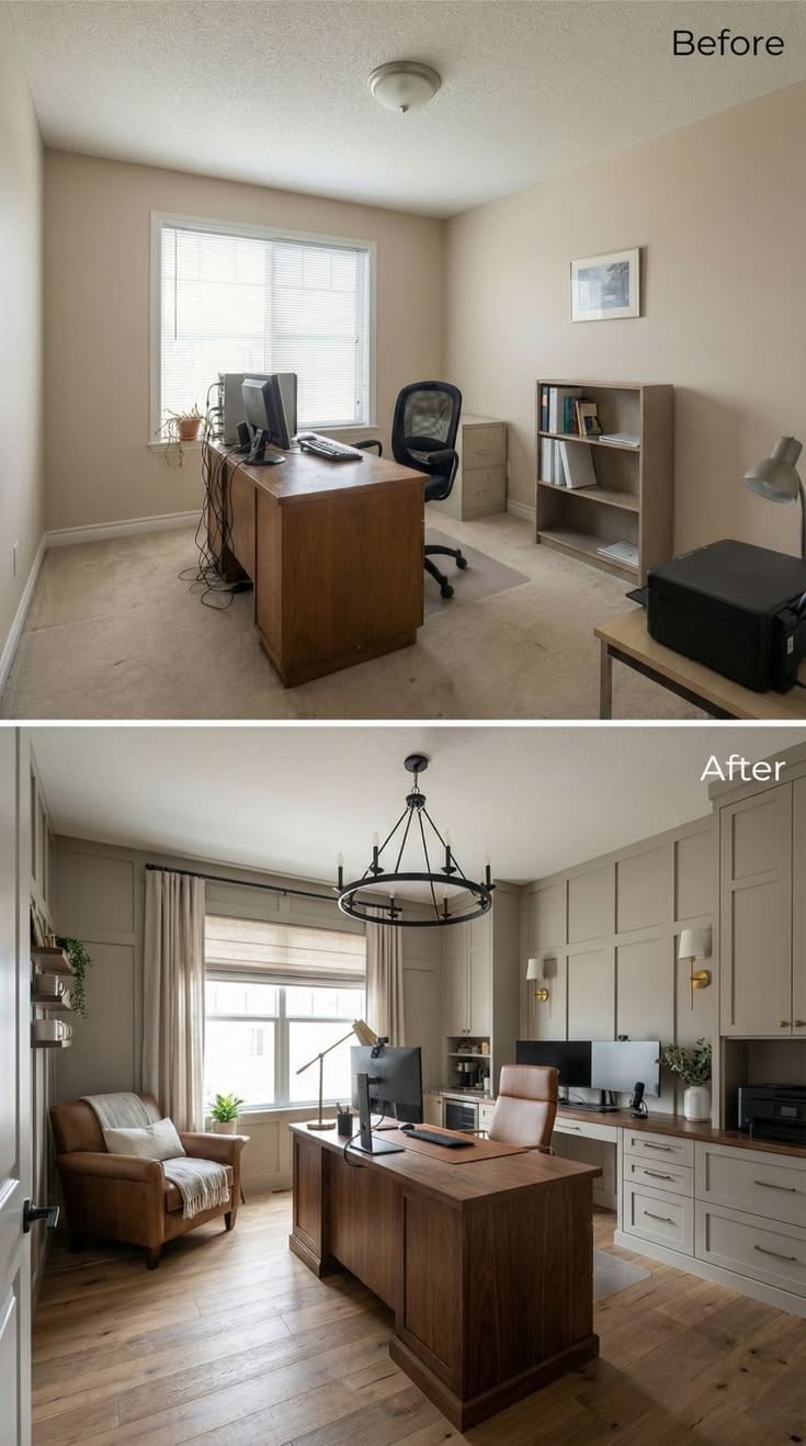 Two images of an office space, one before renovation and one after.